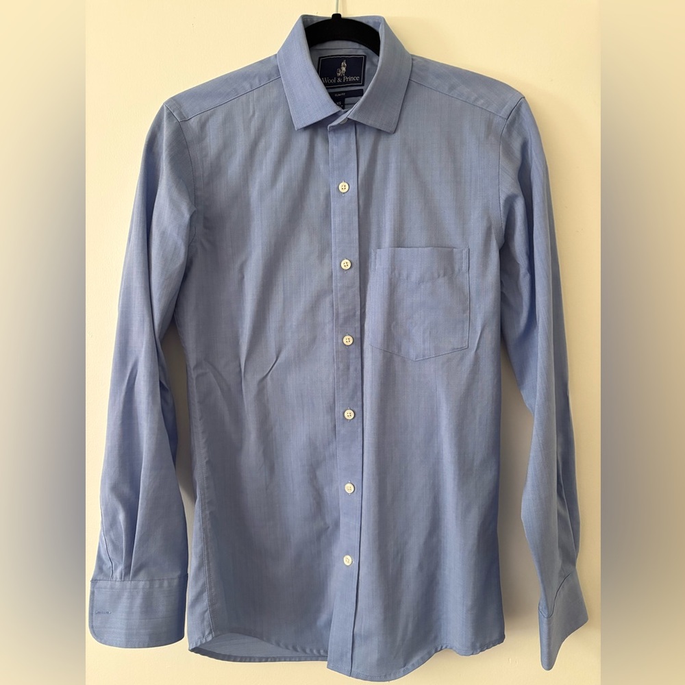 Wool & Prince Blue Oxford Men’s Wool Spread Collar Button-Down Shirt